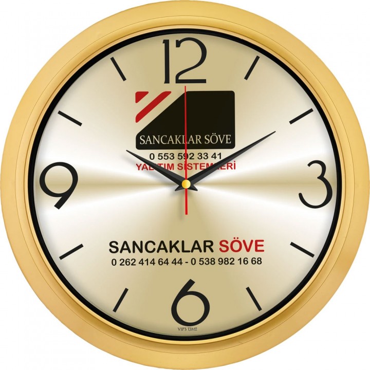 Logo Baskılı Şampanya Altın Çerçeveli Metalize Kadranlı Plastik Duvar Saati